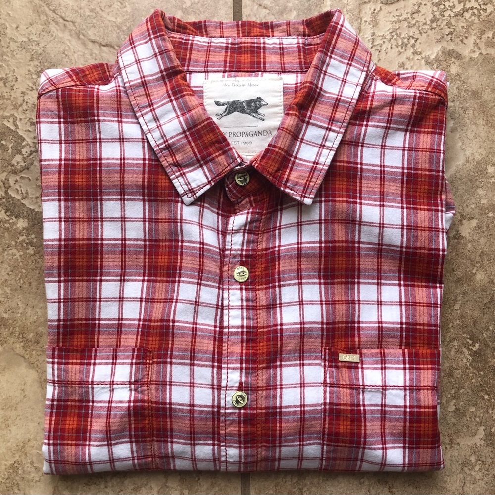 OBEY Long sleeve Red Plaid Button Shirt Size L